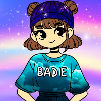 a girl in a shirt that says "badie"