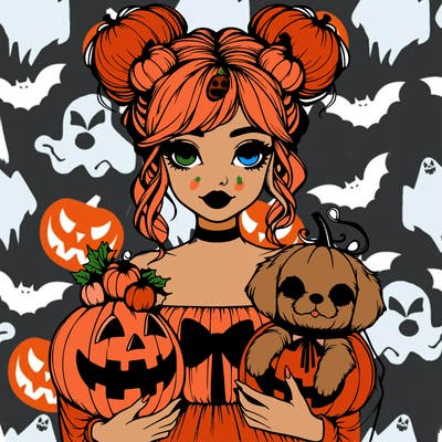 halloween girl with pumpkin buns and a pumpkin top with pumpkin dog in her arms realistic