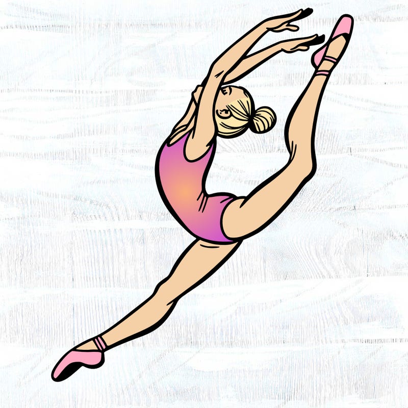 gymnast doing a leap in a leotard with a bent back leg