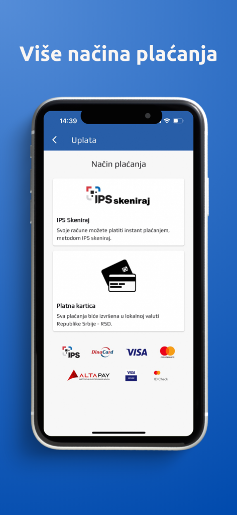 Tela do aplicativo móvel EPS Uvid u racun mostrando opções de pagamento como IPS scan e cartões de crédito