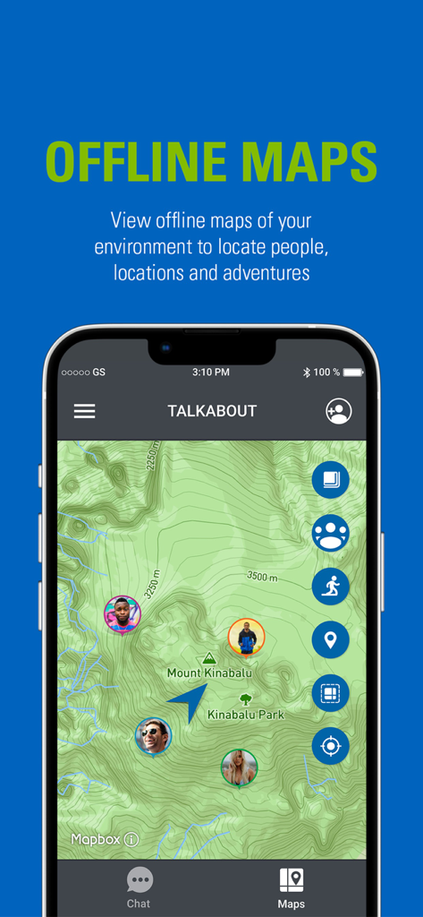 Motorola Talkabout app interface showing an offline topographic map with group location sharing