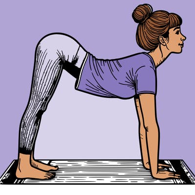 illustration with coloring book format: a woman in a standing position leans her entire torso forward and brings the palms of her hands to her ankles on a yoga mat