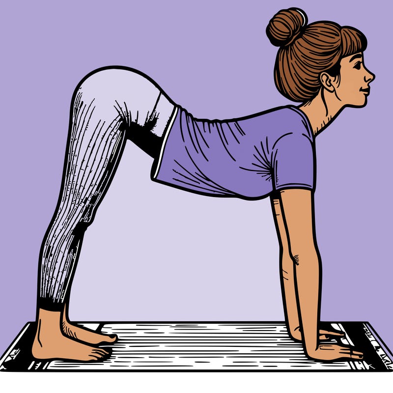 illustration with coloring book format: a woman in a standing position leans her entire torso forward and brings the palms of her hands to her ankles on a yoga mat