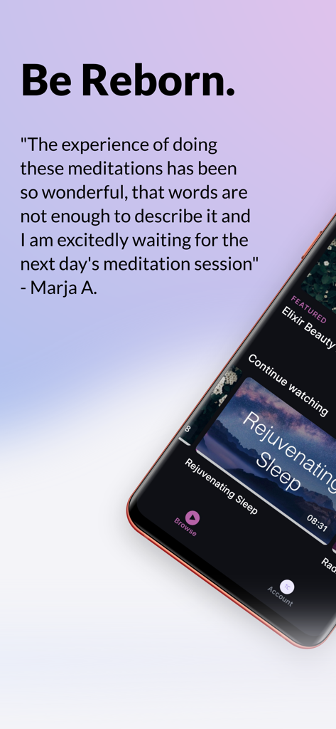 Huma Meditation app interface showing a testimonial and Rejuvenating Sleep session