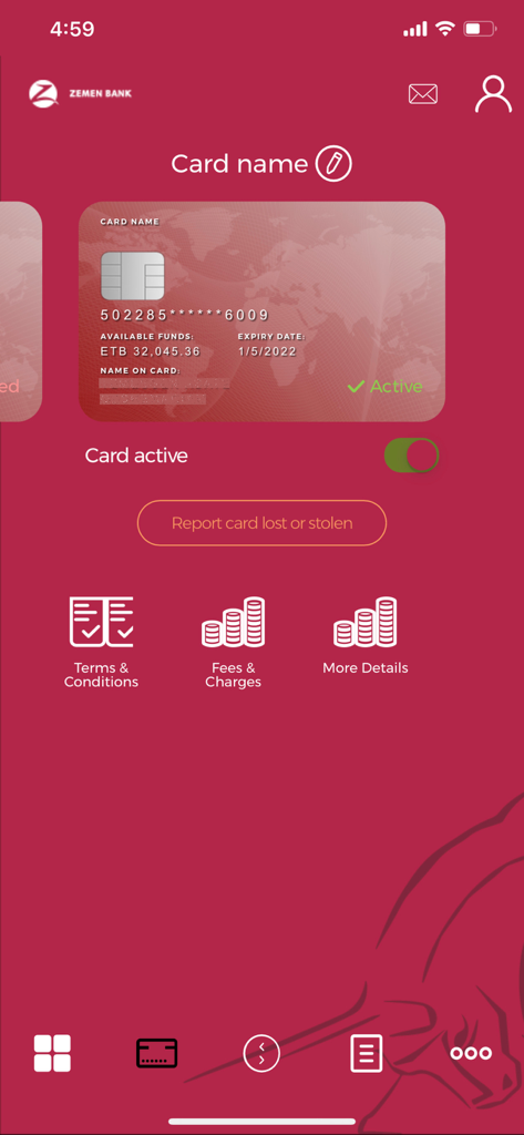 Zemen Mobile Banking - Zemen Mobile Banking app card management screen showing an active debit card with available balance and security options