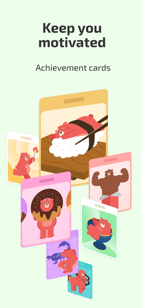 Fito: Fitness Streak, Calorie - Coloridas cartas de logros con una linda mascota oso roja de la aplicación de fitness Fito