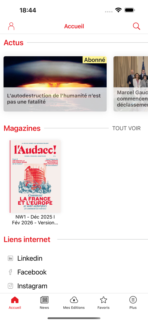 Revue L'AUDACE - Home screen of the Revue LAudace app with news articles and magazine issues