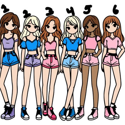a group of girls wearing crop tops and shorts