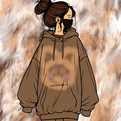 realistic girl with a oversized sweatshirt on and a bun