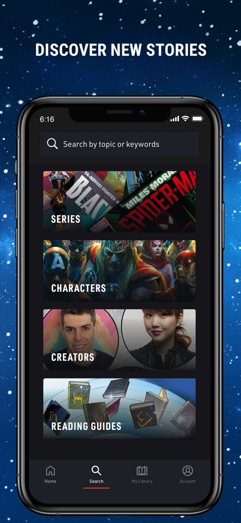 Marvel Unlimited - Marvel Unlimited App-Suchbildschirm zeigt Kategorien für Serien, Charaktere, Schöpfer und Leseleitfäden