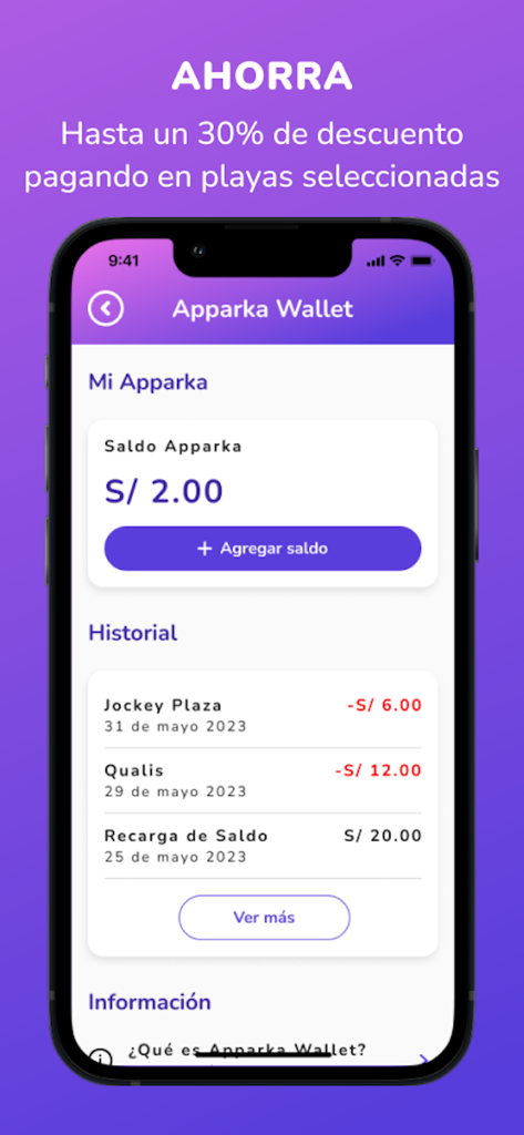 Apparka App - Apparka App interface displaying the digital wallet balance and a list of recent parking transactions.