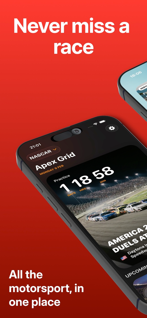Apex Grid - Motorsport Widgets - iPhone displaying the Apex Grid app with a NASCAR race countdown timer