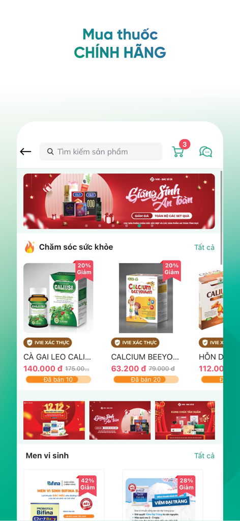IVIE Bác sĩ ơi: Gọi Bác sĩ 247 - Mobile app interface for the IVIE Bac si oi pharmacy store showing medical supplements and products for sale