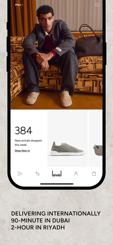 Interface do aplicativo Level Shoes mostrando calçados de luxo de designers e coleção de novidades