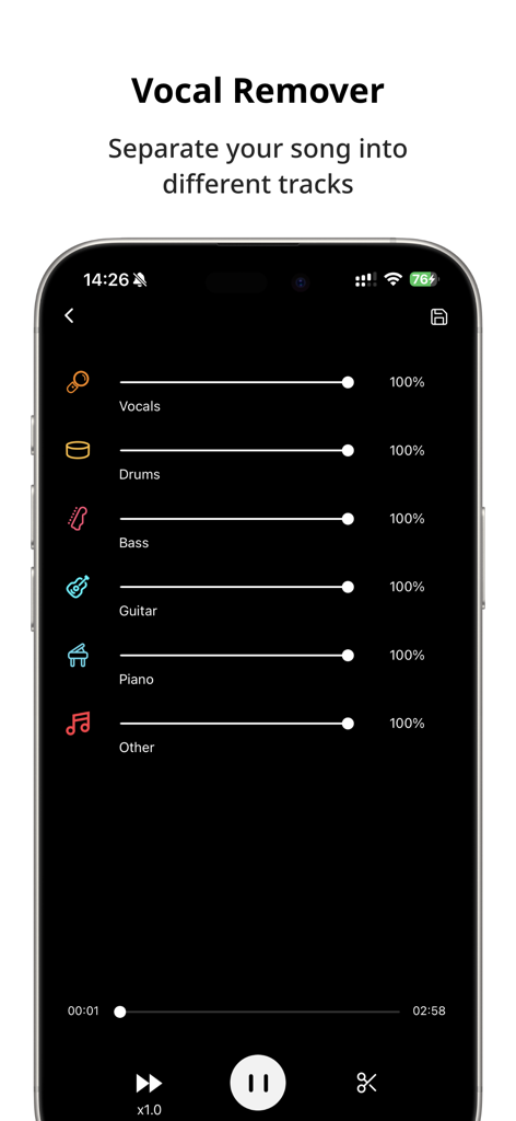 Vocal Remover & Acapella Maker - Vocal remover app interface showing sliders for separating vocals drums bass guitar and piano tracks