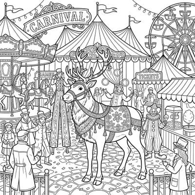 Bring the excitement of the fairground to life with this delightful domestic reindeer coloring page. Immerse yourself in a vibrant carnival scene, perfect for all ages to enjoy.