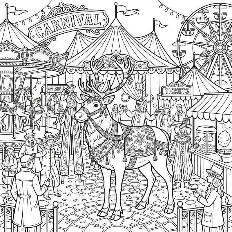 Bring the excitement of the fairground to life with this delightful domestic reindeer coloring page. Immerse yourself in a vibrant carnival scene, perfect for all ages to enjoy.