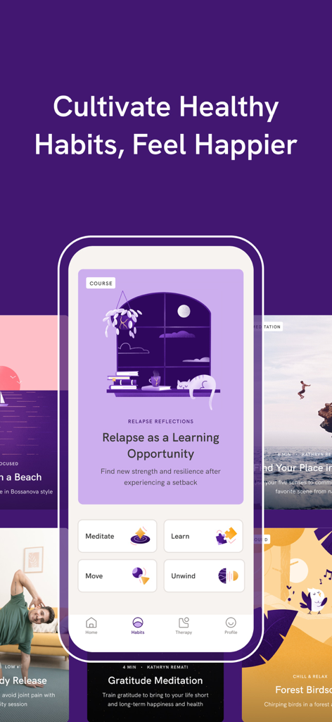 Migiri: Porn Blocker & More - Migiri app interface showing a mental health course and categories for meditation learning and movement.