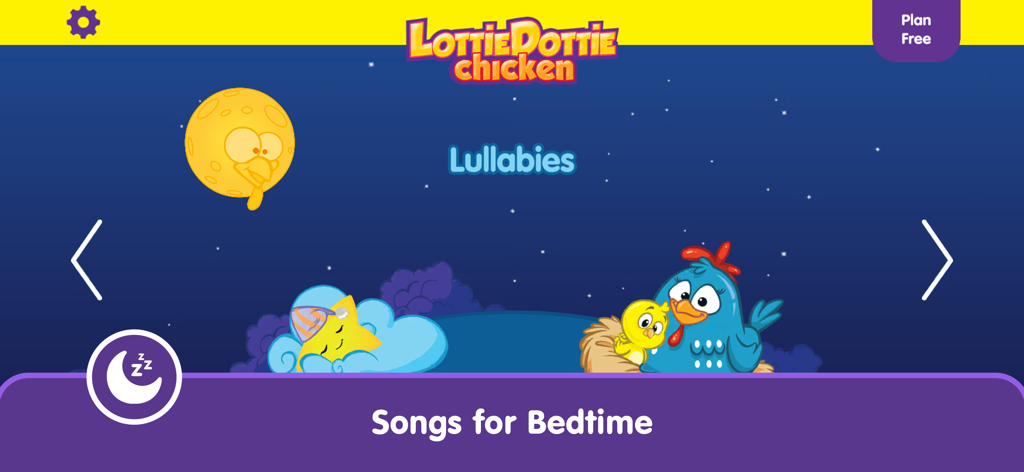 Lottie Dottie Chicken app interface showing the Lullabies and Songs for Bedtime section with a starry night background