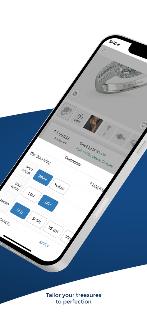 BlueStone app interface showing diamond ring customization options for gold color and purity