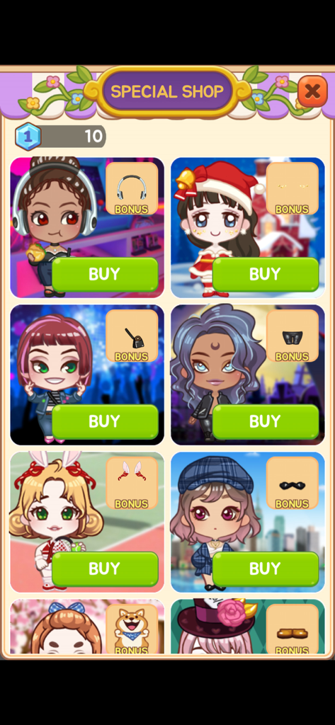 Idol Manager : Dress Up Game - 購入可能な様々なアイドルのキャラクター衣装とボーナスアクセサリーを表示する特別ショップメニュー。