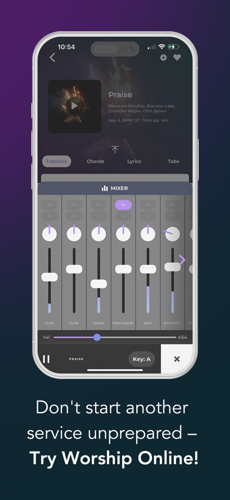 Worship Online - Smartphone screen displaying the Worship Online app audio mixer with various instrument volume sliders
