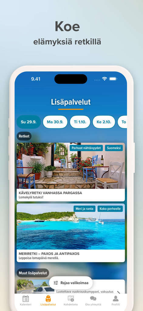 Aurinkomatkat - Aurinkomatkat mobile app interface showing available excursions and additional services for a travel itinerary