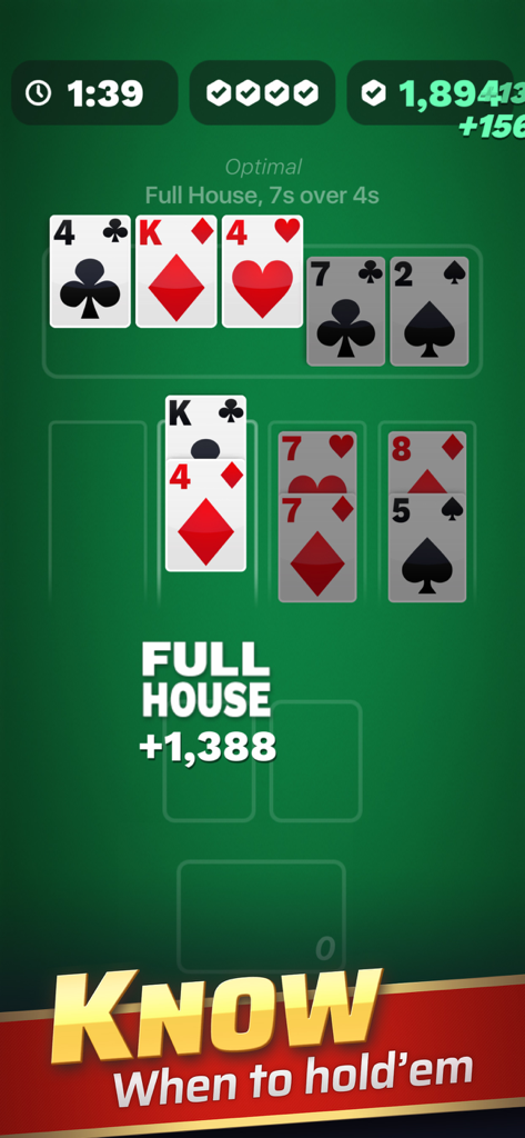 Texas Solitaire Cube - Ein Gameplay-Screenshot von Texas Solitaire Cube, der eine Full-House-Pokerhand und einen Punktestand von 1388 Punkten zeigt