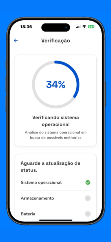 TIM Segurança Digital - Smartphone screen showing the TIM Seguranca Digital app performing a system verification scan at 34 percent progress