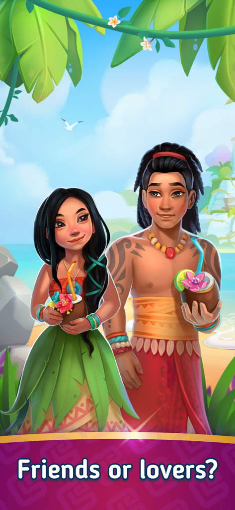 Merge Islanders: Tropical Town - Los personajes Noah y Rona sosteniendo bebidas de coco en una playa tropical con el texto Amigos o amantes