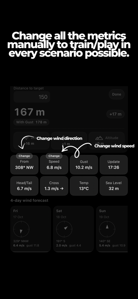 Tour Wind Golf app interface showing manual adjustment options for wind direction speed and 4 day forecast metrics