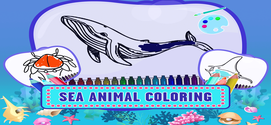 Sea Animal Games For Kids Apps - Sea animal coloring activity featuring a whale crab and stingray with digital crayons