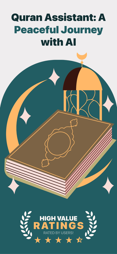 AI Quran Reader Athkar Tarteel - Gráfico de la aplicación AI Quran Assistant con un libro del Corán con calificaciones de cinco estrellas de usuarios y símbolos islámicos