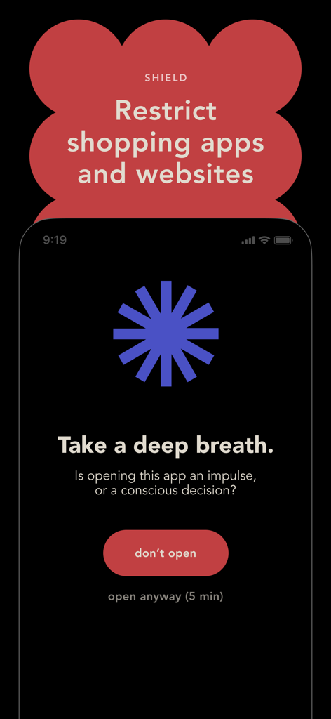 bless. minimal shopping habits - A mobile screen from the bless app showing the Shopping Shield feature which prompts users to take a deep breath and reconsider impulsive app opening
