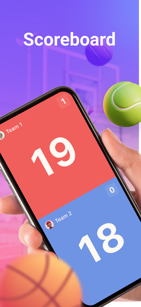 Un smartphone mostrando un marcador deportivo digital con puntuaciones de diecinueve a dieciocho para dos equipos.