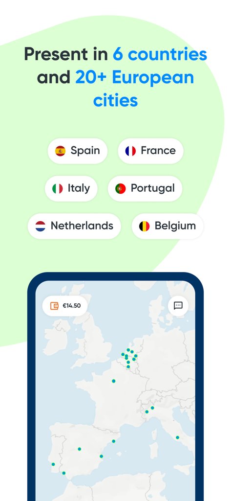 Map of Europe in the Cooltra app showing service availability in six countries and over twenty cities