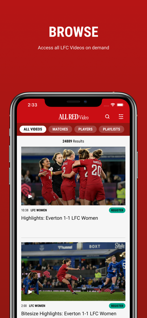 ALL RED Video Official App - Browse screen of the ALL RED Video app showing Liverpool FC video highlights and match categories