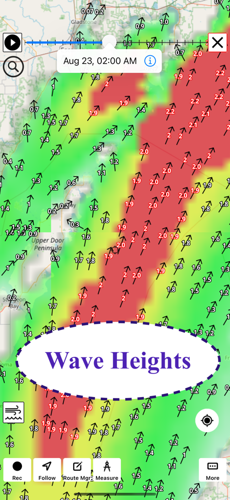Marine Weather-Wind Tide Wave - Map interface showing color coded wave height forecasts and directions