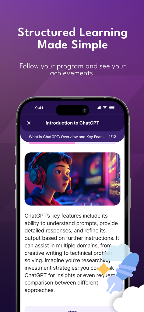 Zenfy - Zenfy mobile app screenshot showing a structured lesson titled Introduction to ChatGPT with an explanatory text and a futuristic character illustration.