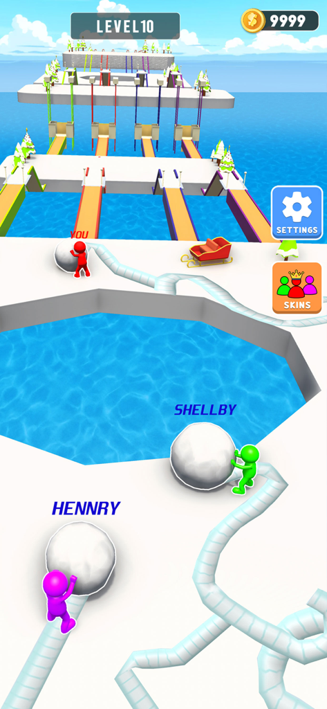 Snow Sprint: 3D Race Rush - Characters rolling large snowballs to build bridges on a snowy platform in a 3D racing game