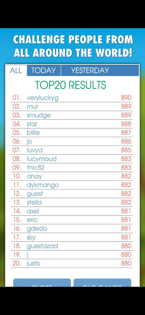 Top 20 global player results and scores for the Spelling Bee Word Quiz.