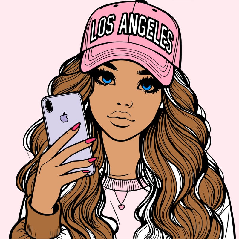 realistic beautiful girl wearing los ángeles cap holding an iphone