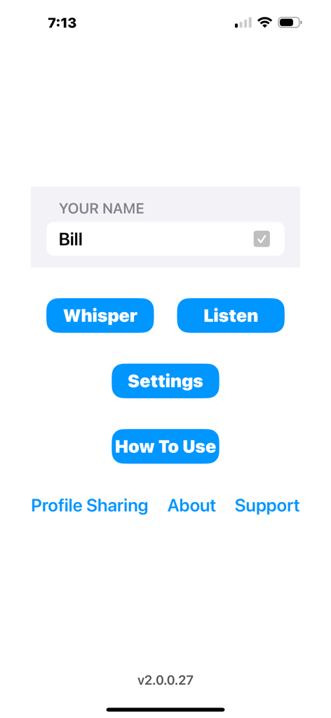 Whisper - talk without voice - Main menu of the Whisper app showing buttons for Whisper and Listen with a name field for Bill