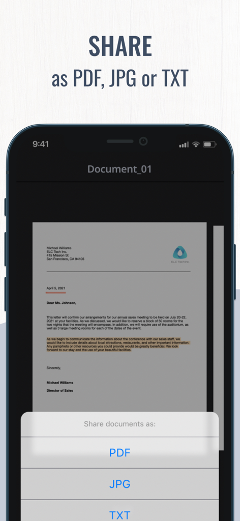 Document Scanner PDF Converter - A mobile app interface showing options to share a scanned document in PDF, JPG, or TXT formats.