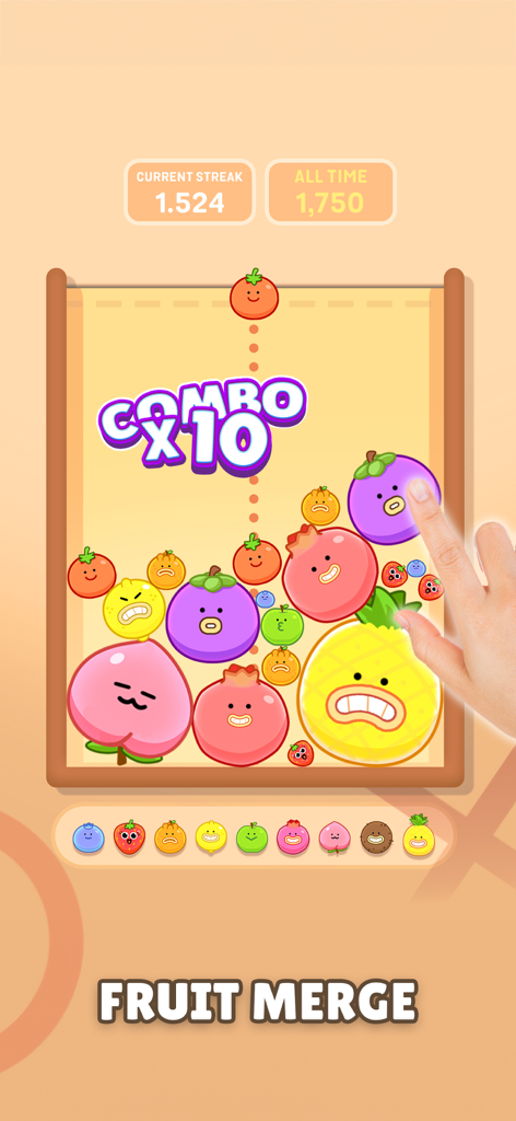 No Wifi Fun - All In One Games - Gameplay of the Fruit Merge mini game featuring cute fruit characters and a combo score.