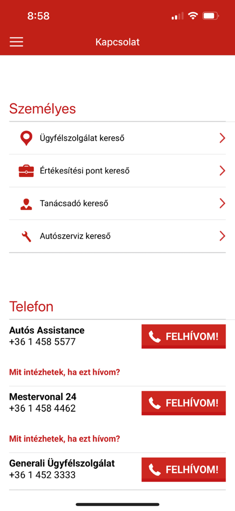 Generali Ügyfélpont - サービスファインダーとサポート電話番号を示すGenerali Ugyfelpontアプリの連絡先ページ