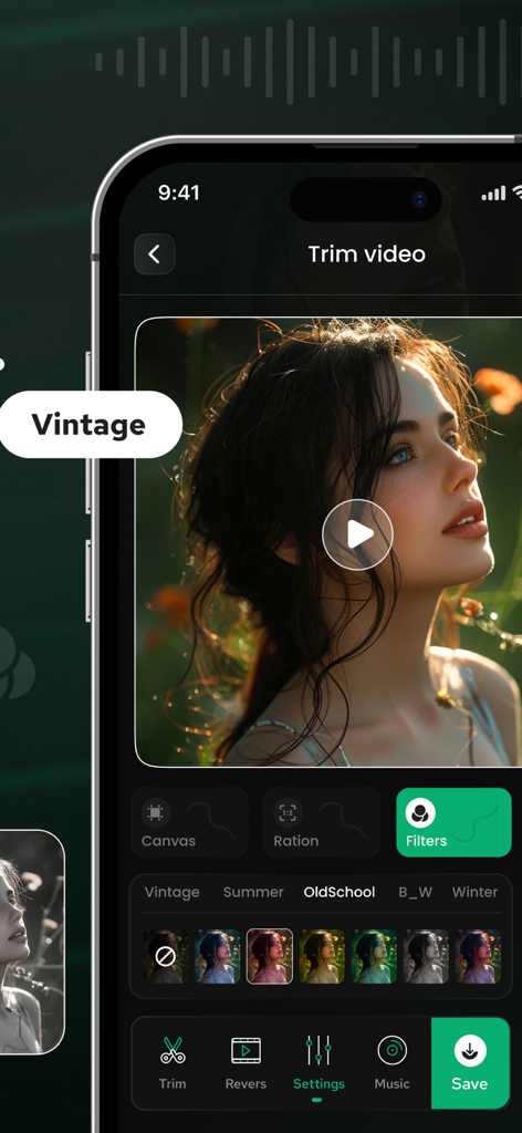 AI Reverse Video Editor - RevV - User interface of the AI Reverse Video Editor app showing vintage filter options and video trimming tools.