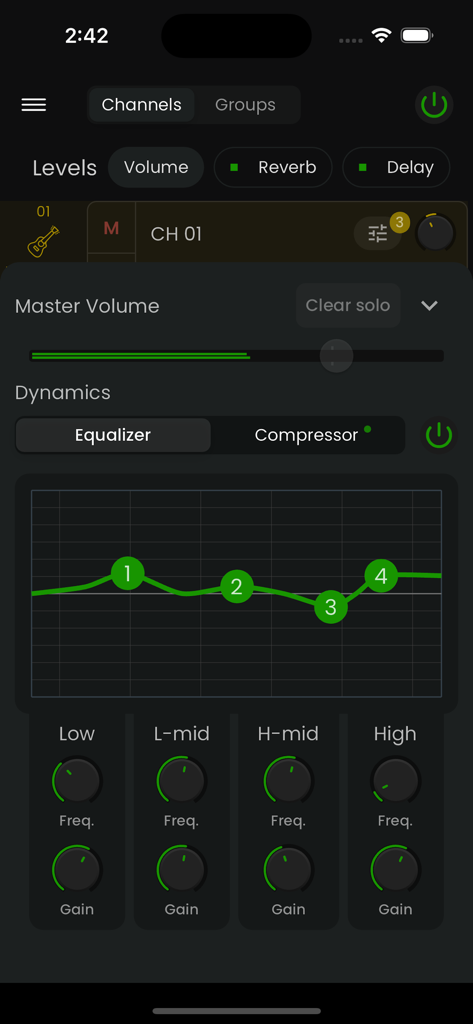 StageWave - StageWave mobile app equalizer interface with dynamics and frequency controls for wireless monitoring