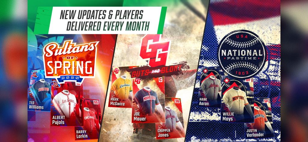 A showcase of baseball player cards featuring legends and hall of famers with a banner advertising monthly updates