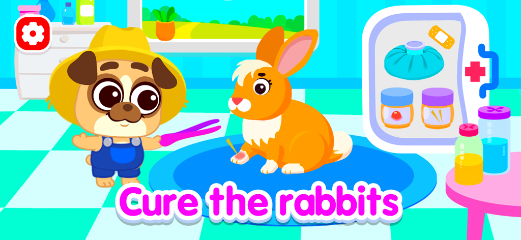 Farming game: Animal farm life - 子供向けの農場動物ケアゲームで、カートゥーンの犬の農夫が農場のキャラクターのウサギの足を治療している